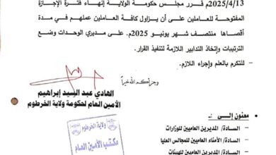 الكشف عن حقيقية إتخاذ الخرطوم إجراءات ضد العاملين المتغيبين 9 IMG 20250422 WA0259